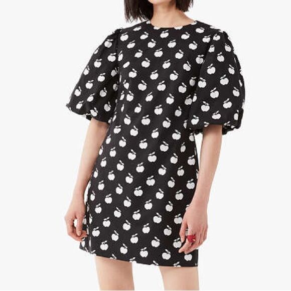Kate Spade Apple Toss Taxi Dress Black White Puff Sleeve Mini Shift Size 00 - Picture 4 of 16